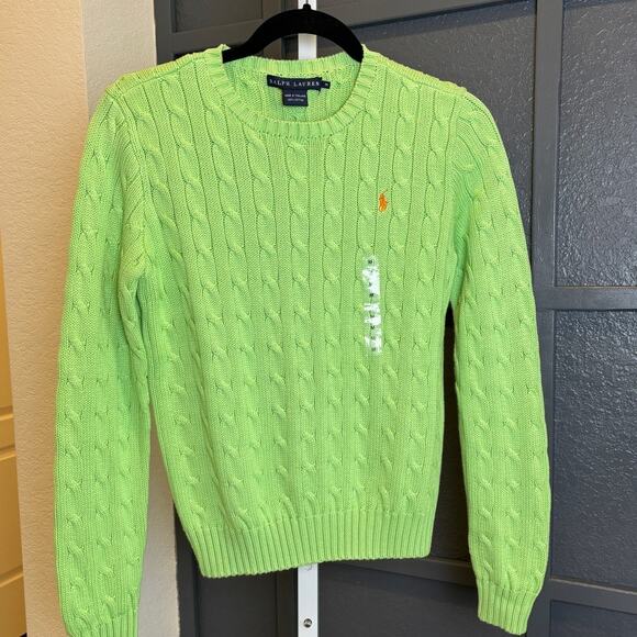 Ralph Lauren Women Lime Green Cable Knit Cotton Vintage 90s Logo Sweater MED NWT - Picture 1 of 4